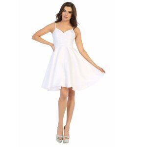 White Evening Short V-Neck Spaghetti Strap A-line Dress By May Queen MQ1654